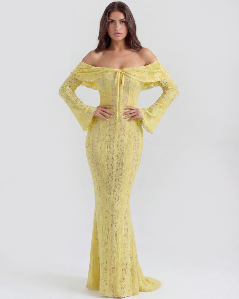 Long lace dress with bardot neckline