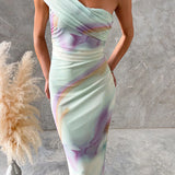 One-Shoulder Watercolor Swirl Maxi Bodycon Dress