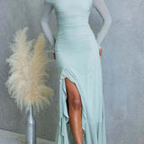 Asymmetrical Shoulder Maxi Dress with Long Sleeves, Slit, and Ruffle