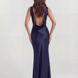 Long satin dress with draped neckline