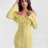 Long lace dress with bardot neckline