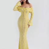 Long lace dress with bardot neckline