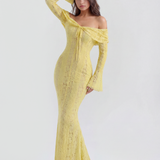 Long lace dress with bardot neckline