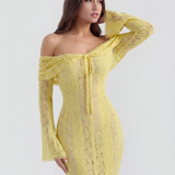 Long lace dress with bardot neckline