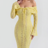 Long lace dress with bardot neckline