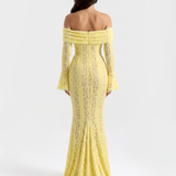 Long lace dress with bardot neckline