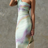 One-Shoulder Watercolor Swirl Maxi Bodycon Dress