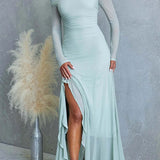 Asymmetrical Shoulder Maxi Dress with Long Sleeves, Slit, and Ruffle
