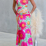 One-Shoulder Maxi Draped Dress, Sleeveless, Floral Print