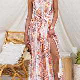 Strapless Floral Print Dress with Waist Tie and Leg Opening, Wide Leg