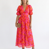 Willow™ | Floral Midi Dress with V-Neck and Puff Sleeves