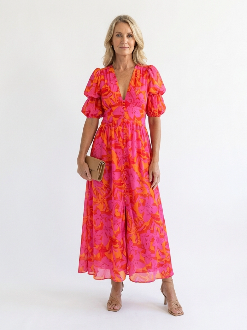 Willow™ | Floral Midi Dress with V-Neck and Puff Sleeves