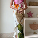One-Shoulder Floral Print Maxi Dress with Side Draping, Ruffle, and Slit