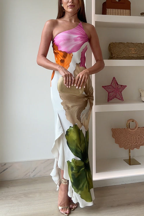 One-Shoulder Floral Print Maxi Dress with Side Draping, Ruffle, and Slit