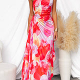 Asymmetrical One-Shoulder Pleated Maxi Dress with Print