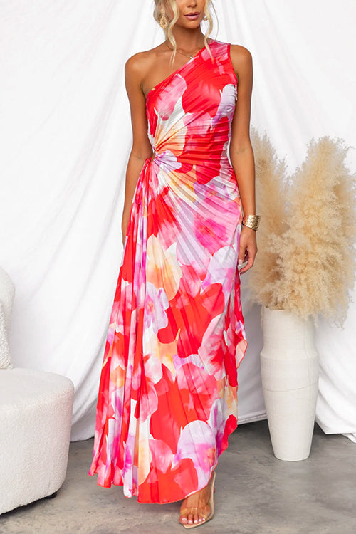 Asymmetrical One-Shoulder Pleated Maxi Dress with Print