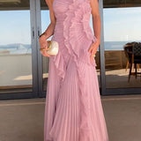 Margovil Maxi Pleated Dress with Straps and Halter Neck, Ruffled Trim and Asymmetrical Hem