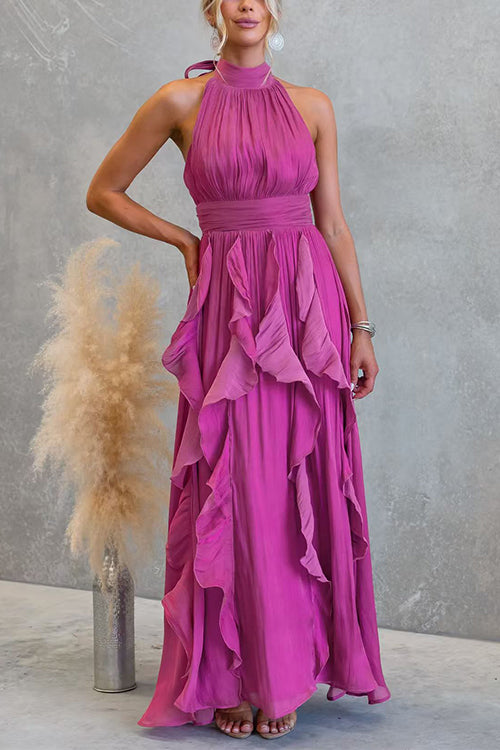 Halter Neck Maxi Dress with Fitted Waist and Ruffles
