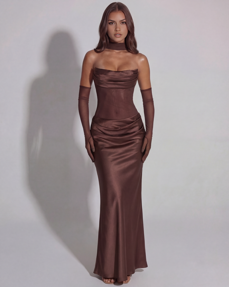 Satin Long Dress with Draped Neckline