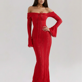 Long lace dress with bardot neckline