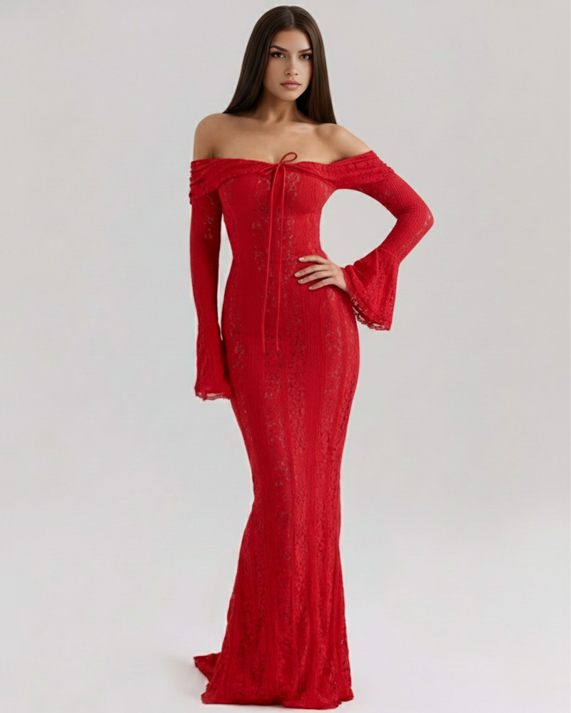 Long lace dress with bardot neckline