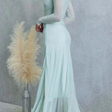 Asymmetrical Shoulder Maxi Dress with Long Sleeves, Slit, and Ruffle