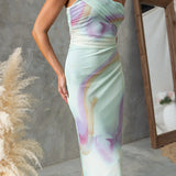 One-Shoulder Watercolor Swirl Maxi Bodycon Dress