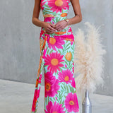 One-Shoulder Maxi Draped Dress, Sleeveless, Floral Print