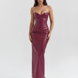 Long leather-effect dress with sweetheart neckline