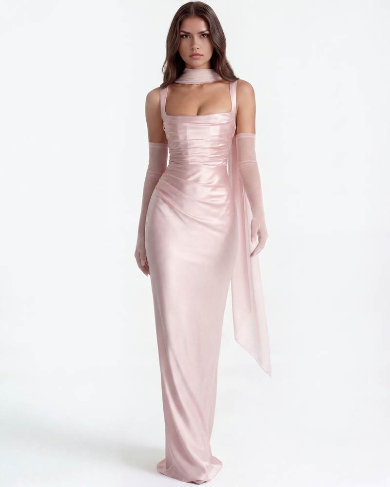 Satin Long Dress with Square Neckline
