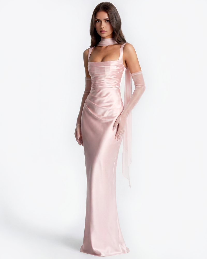 Satin Long Dress with Square Neckline