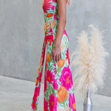 One-Shoulder Maxi Draped Dress, Sleeveless, Floral Print
