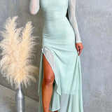 Asymmetrical Shoulder Maxi Dress with Long Sleeves, Slit, and Ruffle