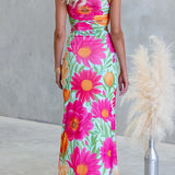 One-Shoulder Maxi Draped Dress, Sleeveless, Floral Print