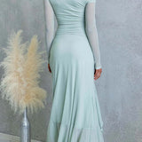 Asymmetrical Shoulder Maxi Dress with Long Sleeves, Slit, and Ruffle