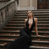Long halter dress with plunging neckline