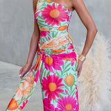 One-Shoulder Maxi Draped Dress, Sleeveless, Floral Print