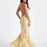 Long dress with embroidered floral corset