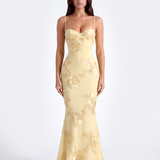 Long dress with embroidered floral corset