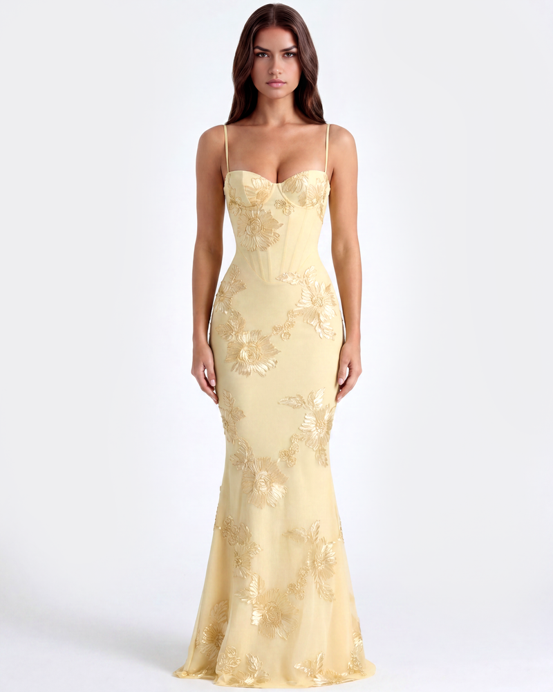 Long dress with embroidered floral corset