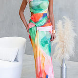 One-Shoulder Printed Maxi Dress with Waist Cutout