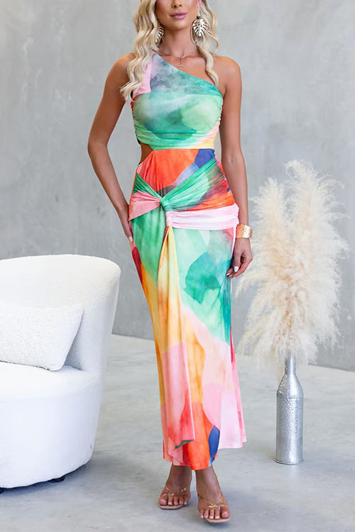 One-Shoulder Printed Maxi Dress with Waist Cutout