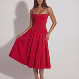 Midi dress with corset and flowing skirt