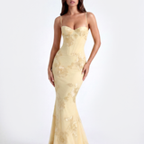 Long dress with embroidered floral corset