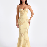 Long dress with embroidered floral corset