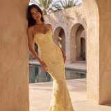 Long dress with embroidered floral corset