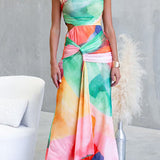 One-Shoulder Printed Maxi Dress with Waist Cutout