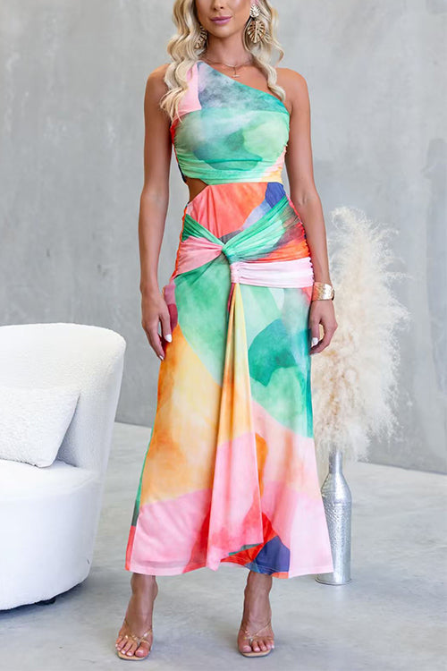 One-Shoulder Printed Maxi Dress with Waist Cutout