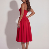 Midi dress with corset and flowing skirt