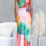 One-Shoulder Printed Maxi Dress with Waist Cutout